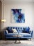 Blue loveseat sofa and big poster on the wall. Interior design of modern living room