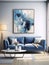 Blue loveseat sofa and big poster on the wall. Interior design of modern living room