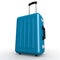 Blue luggage stands on the floor