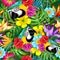 Blue Macaw Parrot Floral Portrait coming out from Exotic Jungle Vector Seamless Repeat Textile Pattern