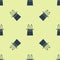 Blue Magician hat and rabbit ears icon isolated seamless pattern on yellow background. Magic trick. Mystery
