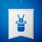 Blue Magician hat and rabbit icon isolated on blue background. Magic trick. Mystery entertainment concept. White pennant