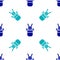 Blue Magician hat and rabbit icon isolated seamless pattern on white background. Magic trick. Mystery entertainment