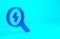 Blue Magnifying glass with lightning bolt icon isolated on blue background. Flash sign. Charge flash. Thunder bolt. Lighting