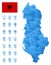 Blue map of Albania administrative divisions with travel infographic icons.
