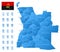 Blue map of Angola administrative divisions with travel infographic icons.