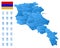 Blue map of Armenia administrative divisions with travel infographic icons.