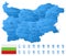 Blue map of Bulgaria administrative divisions with travel infographic icons.