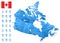 Blue map of Canada administrative divisions with travel infographic icons.