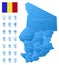 Blue map of Chad administrative divisions with travel infographic icons.