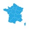 Blue map of France divided into 13 administrative metropolitan regions