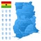 Blue map of Ghana administrative divisions with travel infographic icons.