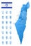 Blue map of Israel administrative divisions with travel infographic icons.