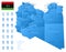 Blue map of Libya administrative divisions with travel infographic icons.