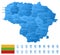 Blue map of Lithuania administrative divisions with travel infographic icons.