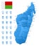 Blue map of Madagascar administrative divisions with travel infographic icons.