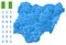 Blue map of Nigeria administrative divisions with travel infographic icons.