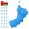 Blue map of Oman administrative divisions with travel infographic icons.