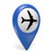 Blue map pointer 3D icon with a plane symbol for airports