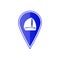 Blue map pointer with sailing boat. Vector illustration