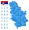 Blue map of Serbia administrative divisions with travel infographic icons.