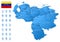 Blue map of Venezuela administrative divisions with travel infographic icons.