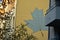 Blue maple leaf mural on yellow apartment building in Steglitz Berlin Germany