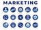 Blue Marketing Icon Set. Consumers, Promotion, Email Marketing, Low Cost, Analytics, Quality, Target Audience, Social, Trust,