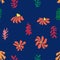 Blue Matisse floral pattern, crooked leaves and red flowers.