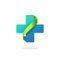 Blue medical cross vector logo, pharmacy symbol with green ribbon