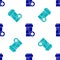 Blue Medicine bottle icon isolated seamless pattern on white background. Bottle pill sign. Pharmacy design. Vector