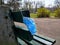 Blue medicine mask on park bench 2