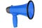 Blue megaphone on white background isolated closeup , hand loudspeaker design, loudhailer or speaking trumpet illustration