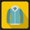 Blue mens winter jacket icon, flat style