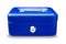 Blue metal cash box or  iron mini lock box with key  isolated on white background .clipping path included