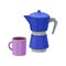 Blue metal moka pot and purple cup of fresh coffee. Delicious morning beverage. Tasty hot drink. Flat vector design