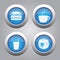 Blue metallic buttons set, white fast food icons