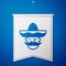 Blue Mexican man wearing sombrero icon isolated on blue background. Hispanic man with a mustache. White pennant template