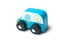 blue miniature wooden car on white background - concept police patrol