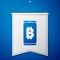 Blue Mining bitcoin from mobile icon isolated on blue background. Cryptocurrency mining, blockchain technology service