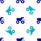 Blue Mining dump truck icon isolated seamless pattern on white background. Vector