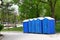 blue mobile toilets one park road, trees on the background