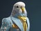 Blue model budgie in fashion jacket and tie. Generative AI