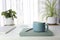 Blue modern matte coffee cup and pencil and green notebook on white table with plants pot