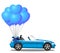 Blue modern opened cabriolet car with bunch heart balloons