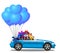 Blue modern opened cartoon cabriolet car with heap of gifts