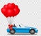 Blue modern opened cartoon cabriolet car with heart balloons