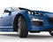 Blue Modern Race Car on White Background - Headlight Closeup