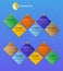 Blue modular geometric roadmap with twelve colorful rhombuses. Timeline infographic template for business presentation. Vector