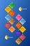 Blue modular vertical geometric roadmap with colorful rhombuses. Timeline infographic template for business presentation. Vector